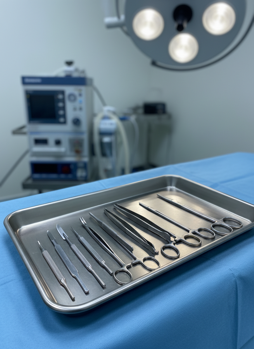 A close-up view of a stainless-steel surgical tray neatly arranged with high-precision instruments: scalpels, forceps, clamps, and scissors, all gleaming under bright operating-theater lights. The tray rests on a sterile blue drape, its textured fabric subtly visible around the edges. In the blurred background, an anesthetic machine and large overhead surgical light are partially visible, hinting at a fully equipped operating room. The lighting is bright, cool, and shadowless, emphasizing cleanliness and precision. Photographic realism, shallow depth of field with the instruments in razor-sharp focus, creating a serious yet controlled and highly professional mood, ideal for highlighting advanced surgical capabilities without any human presence.