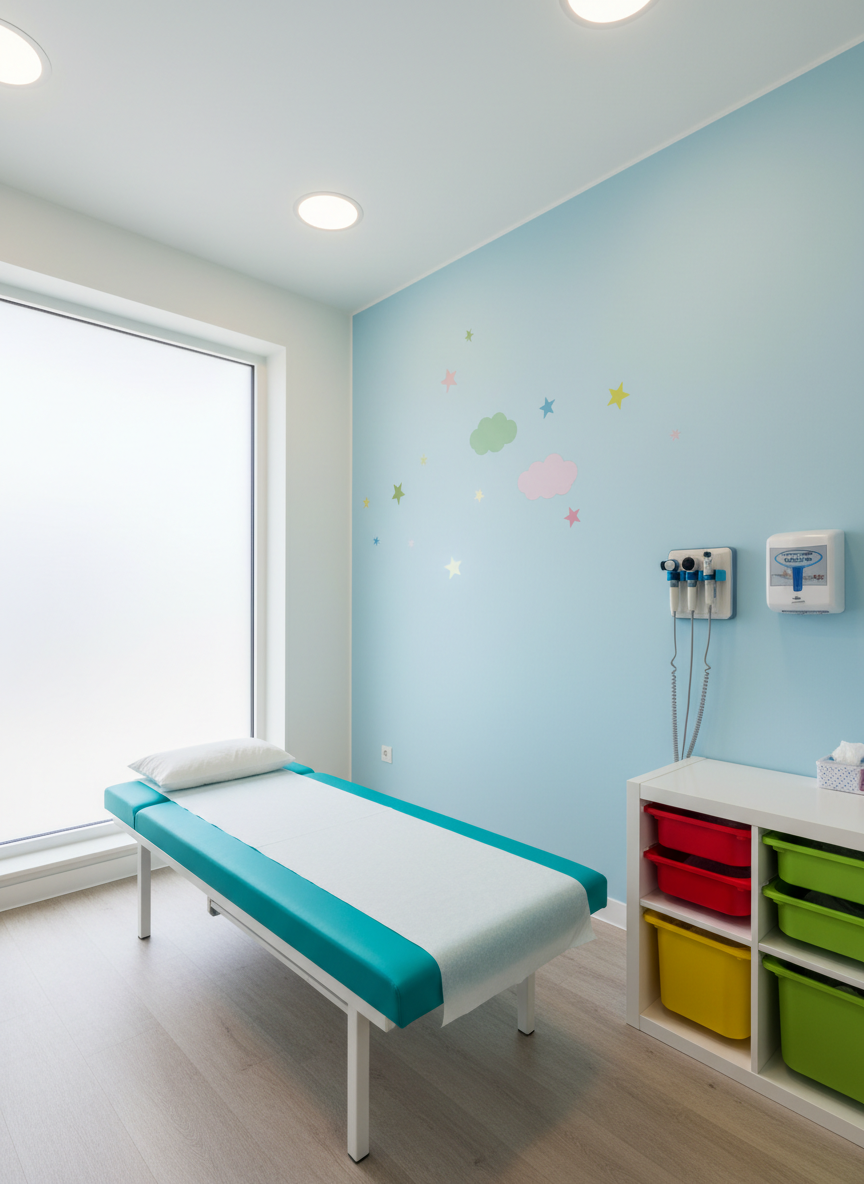 A dedicated pediatric treatment room styled to be comforting yet clinically advanced, featuring a small examination bed with a bright turquoise mattress and neatly folded white paper cover. Colorful but subtle wall decals of stars and clouds adorn a soft pastel-blue wall, while a wall-mounted diagnostic set with otoscope and ophthalmoscope adds medical detail. A low cabinet displays neatly arranged, closed storage bins in primary colors. Soft natural daylight filters in from a frosted window, supplemented by warm overhead LED panels, balancing clinical clarity with warmth. Photographic realism from a slightly wide, eye-level composition, sharp focus throughout, conveying safety and gentle care for children, without showing any people or characters.
