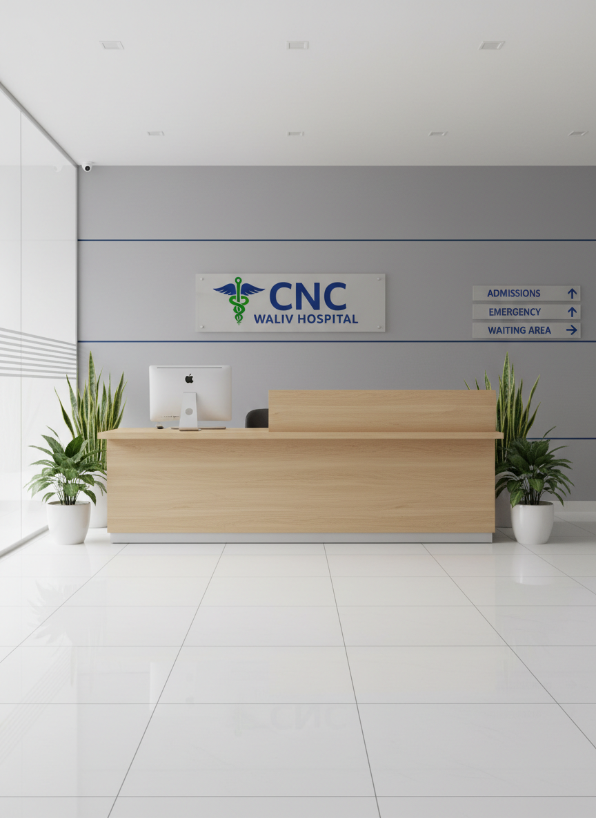 An immaculate hospital reception desk made of light oak wood with a smooth matte finish, topped with a slim silver desktop monitor displaying the CNC WALIV HOSPITAL logo. The desk stands in a spacious lobby with glossy white floor tiles and soft gray walls accented by a subtle blue line motif. Large potted green plants frame the scene, and clear directional signage hangs in the background. Diffused daylight filters through tall glass panels, creating gentle reflections on the floor. Photographic realism at eye level with a wide-angle lens, sharp focus throughout, clean and modern aesthetic, conveying professionalism, calm, and trust without any human presence.