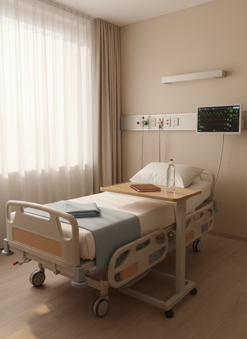 A meticulously organized hospital patient room designed for comfort and advanced care, featuring a single adjustable hospital bed with crisp white linens, a pale blue blanket folded at the foot, and a built-in side rail. Next to the bed, a modern bedside monitor shows stable, easy-to-read vitals on a dark screen. A wall-mounted oxygen outlet panel and neatly wound tubing are visible, along with a compact overbed table holding a closed notebook and sealed water bottle. Warm, diffused afternoon light enters through a large window with sheer curtains, softening the clinical feel. Photographic realism from an eye-level perspective using the rule of thirds, calm and reassuring mood, professional and exceptionally clean.
