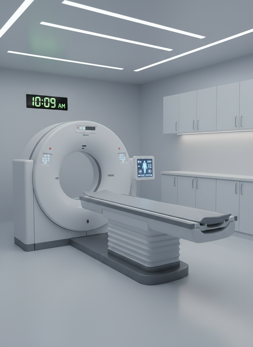 A state-of-the-art diagnostic room featuring a modern CT scanner with a sleek white circular gantry and a smooth padded patient table extended forward. The machine’s control panel glows softly, with clear, legible icons. The room is lined with spotless light-gray walls and built-in storage cabinets, and a large digital wall clock displays the time. Cool, even overhead LED lighting creates a bright yet soothing atmosphere with minimal shadows. Photographic realism with a centered composition and slight elevated angle, emphasizing precision technology and advanced medicine, while maintaining a calm, sterile, and highly professional environment, completely devoid of people.