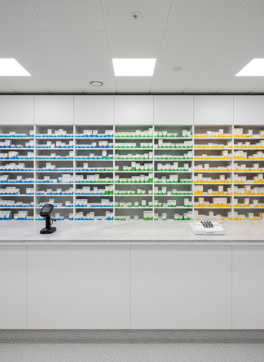 A modern hospital pharmacy interior with pristine white shelving neatly lined with clearly labeled medication boxes and bottles in orderly rows, organized by color-coded sections. A smooth, light-gray stone counter stands in the foreground, with a digital prescription scanner and a small, closed pill-counting tray resting on top. The floor is a subtle speckled vinyl, reflecting a soft sheen. Bright but diffused LED ceiling panels create uniform lighting with minimal shadows. Photographic realism from a slightly elevated perspective, sharp focus across the entire scene, evoking a sense of control, safety, and meticulous organization, perfectly aligned with a professional, advanced medical environment and completely free of human figures.