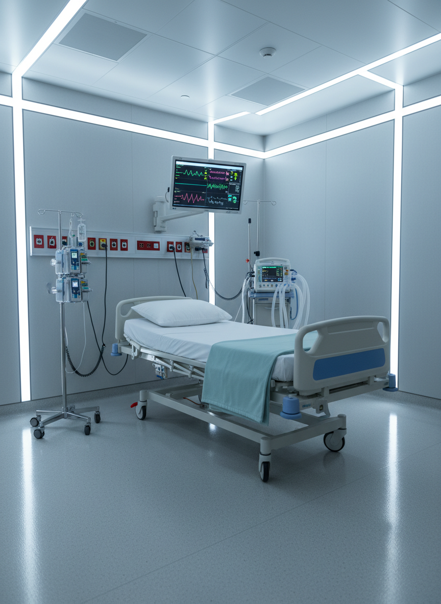 A high-tech intensive care unit corner featuring a hospital bed surrounded by advanced monitoring equipment: a wall-mounted multi-parameter monitor, infusion pumps stacked in a sleek vertical module, and a ventilator with coiled tubing arranged neatly. The bed is made with spotless white sheets and a pale teal blanket, with side rails raised. Soft, cool-toned LED lighting illuminates the space, creating gentle reflections on the polished linoleum floor and equipment surfaces. Photographic realism captured from an eye-level angle with medium depth of field, ensuring clarity of all devices. The mood is serious yet reassuring, highlighting preparedness, precision, and compassionate care through an impeccably organized, people-free environment.