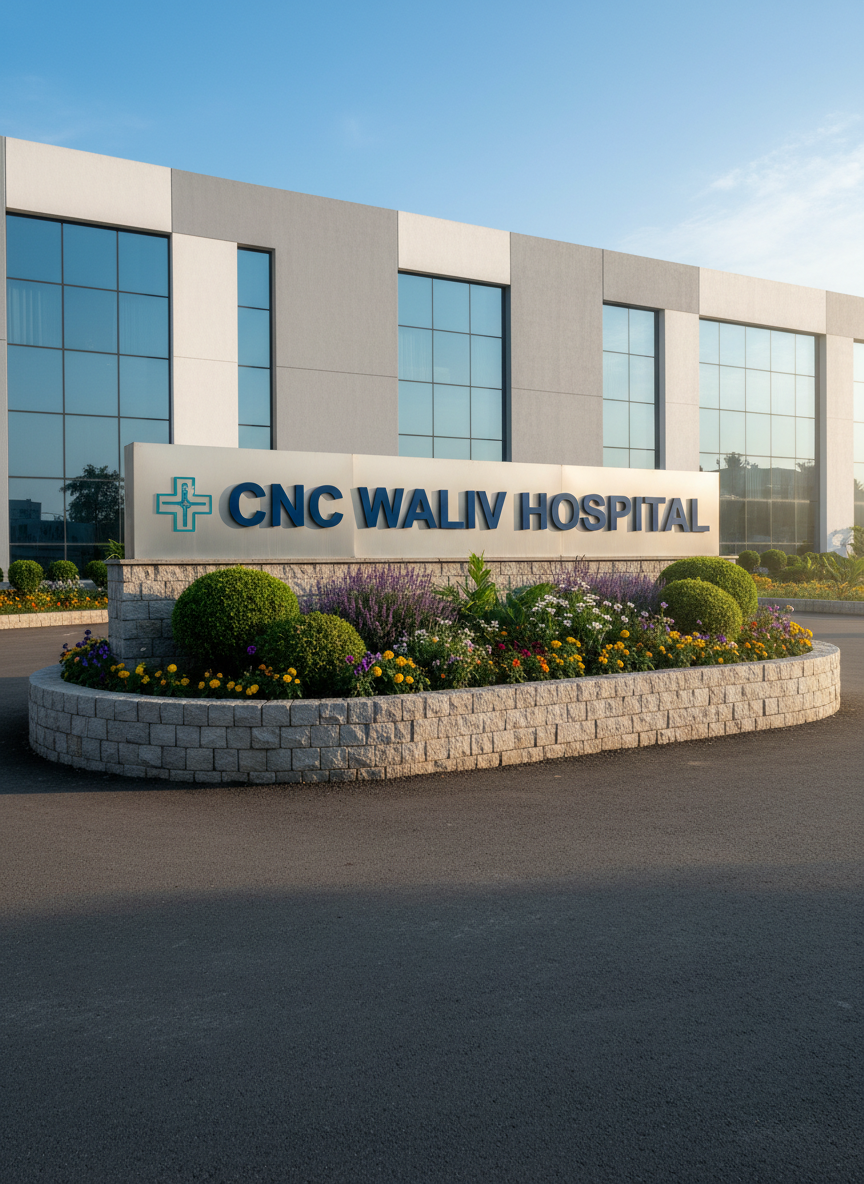 An immaculately maintained hospital exterior sign for CNC WALIV HOSPITAL, built from brushed aluminum with bold, dark-blue embossed lettering and a discreet medical cross symbol, mounted on a low stone base. The sign stands near the entrance driveway, bordered by manicured green shrubs and flowering plants. Behind it, the hospital façade features large glass windows and a combination of white and light-gray panels, communicating modernity. Soft early-morning natural light casts gentle shadows and a fresh, hopeful atmosphere. Photographic realism captured from a slightly low angle to give prominence to the sign and architecture, with clear sky overhead, conveying trust, stability, and the hospital’s central role in the heart of Waliv.